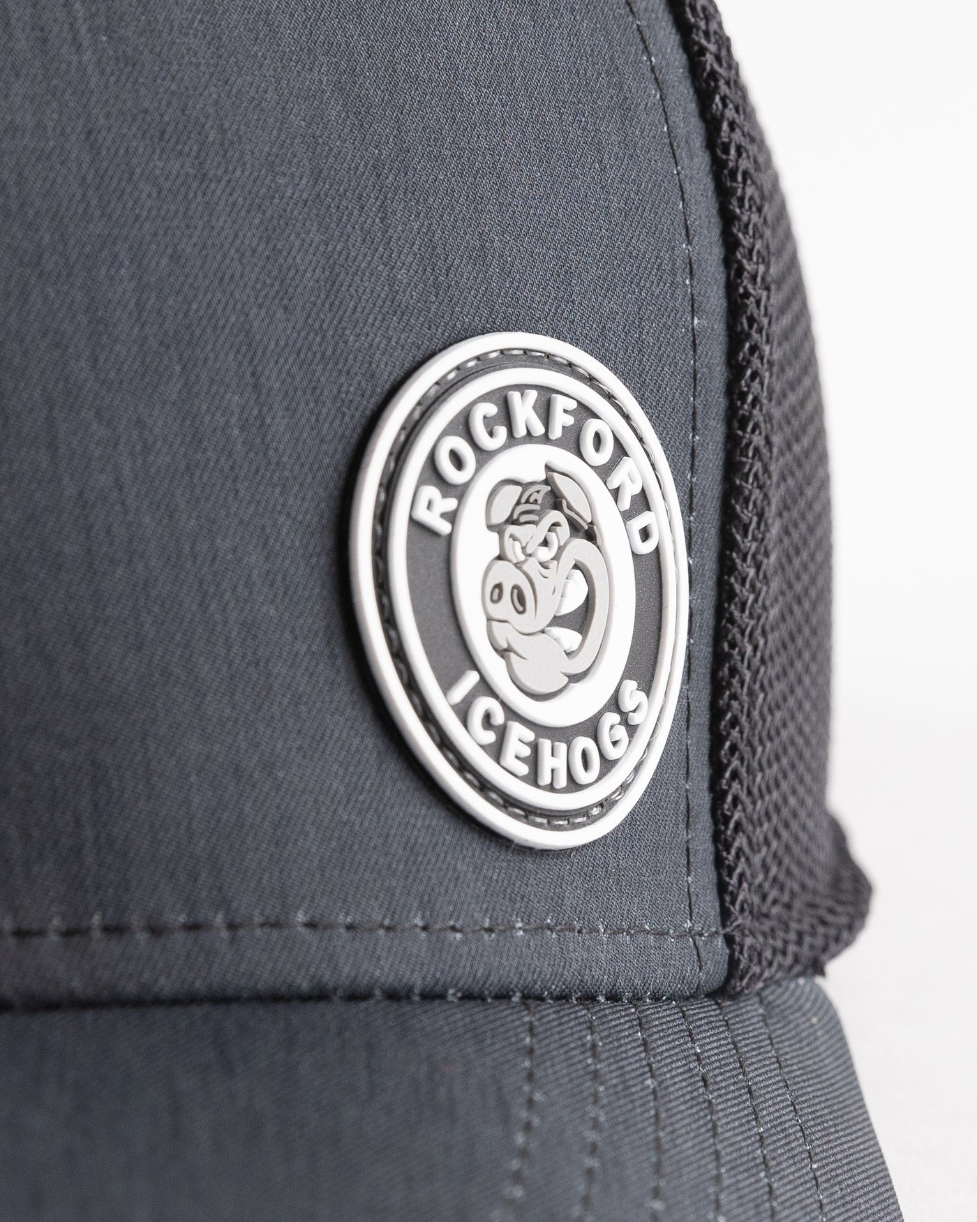 black trucker with Rockford IceHogs rubber patch on front - detail lay flat