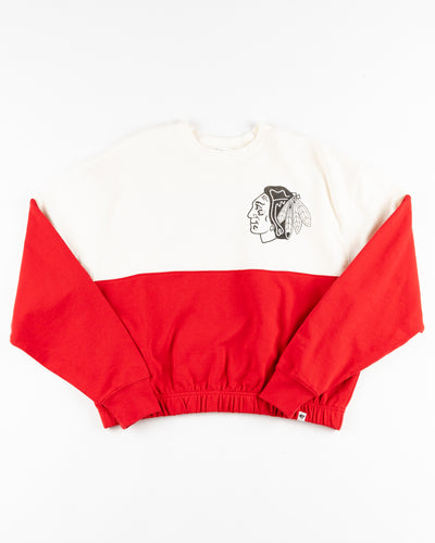white and red '47 brand crewneck with Chicago Blackhawks primary logo on left chest and wordmark on back - front lay flat