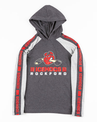 Colosseum two tone youth hoodie with Rockford IceHogs logo across front and wordmark on sleeves - front lay flat
