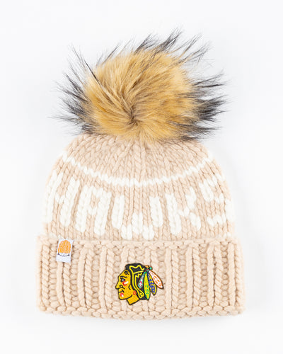 camel Chicago Blackhawks knit beanie with detachable tan pom - front lay flat
