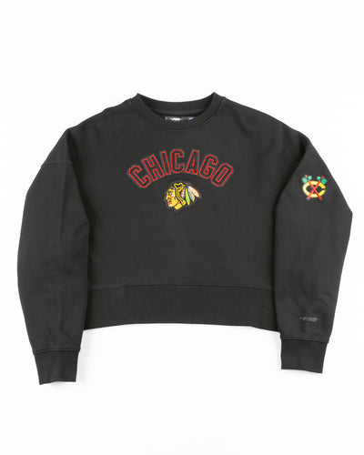 black cropped Pro Standard crewneck with embroidered Chicago Blackhawks patches on chest and shoulder - front lay flat