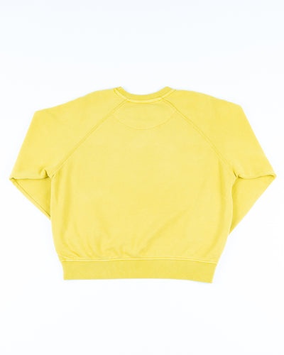 yellow Sportiqe ladies crewneck with Chicago Blackhawks secondary logo on front - back lay flat