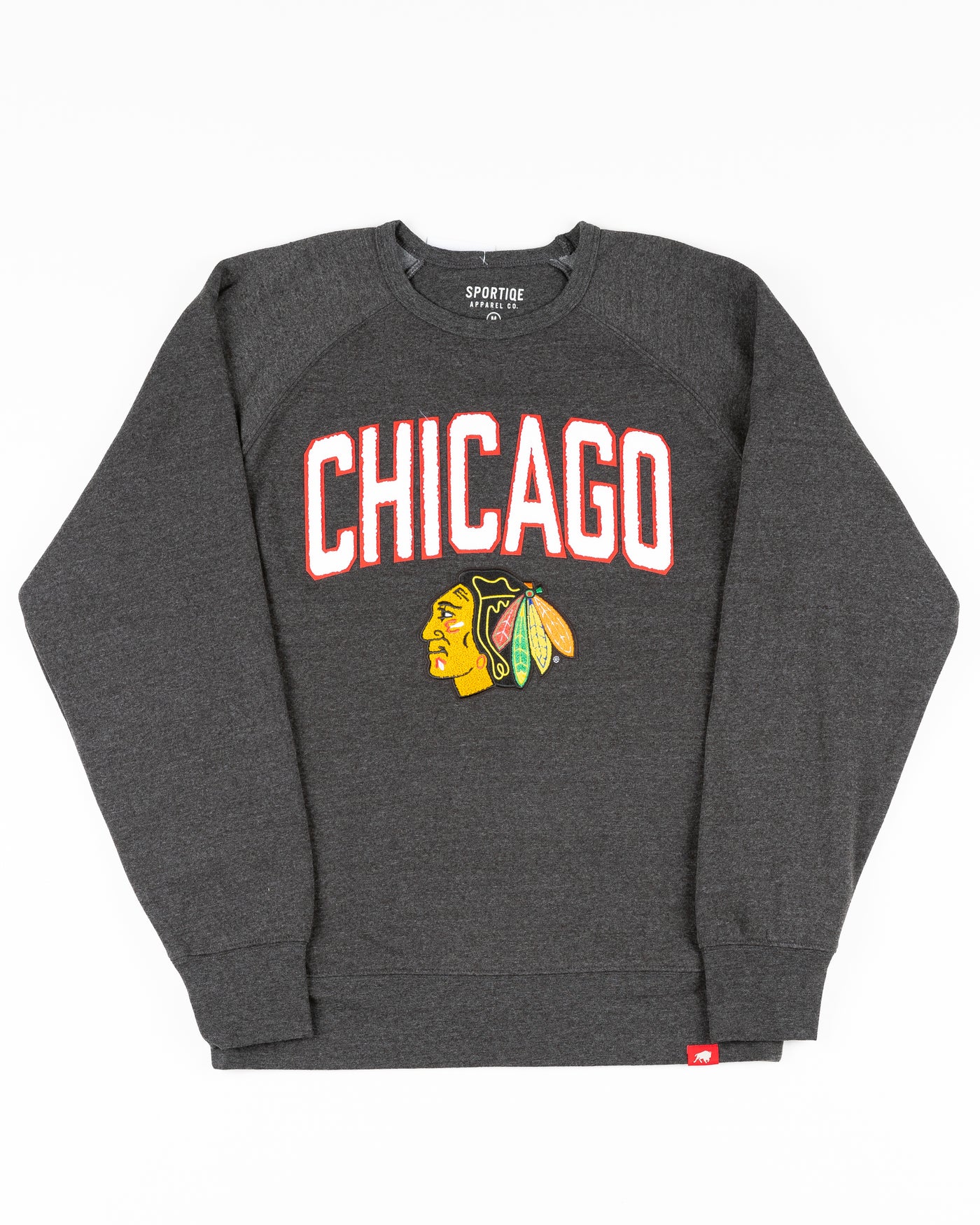 black Sportiqe crewneck with Chicago Blackhawks primary logo and Chicago wordmark embroidered in chenille - front lay flat