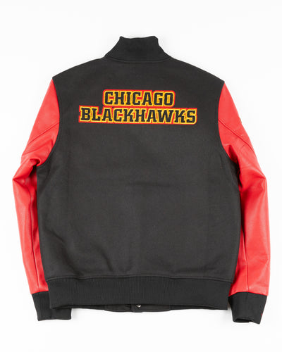 black and red wool varsity Pro Standard jacket with Chicago Blackhawks patches - back lay flat