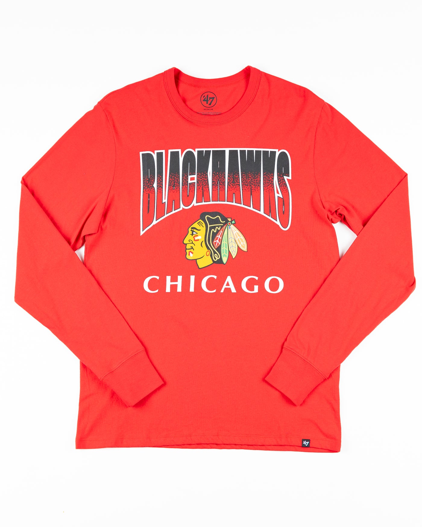 red '47 brand long sleeve tee with Chicago Blackhawks wordmark and primary logo across chest - front lay flat