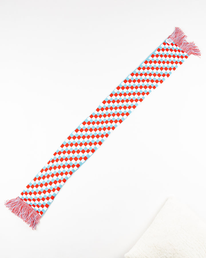 white scarf with Chicago Blackhawks branding in Chicago flag inspired colorway - back lay flat