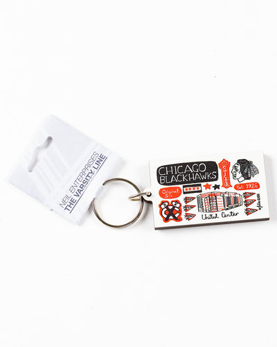 Neil Fine Julia Gash wooden keychain with Chicago Blackhawks inspired graphic - front lay flat