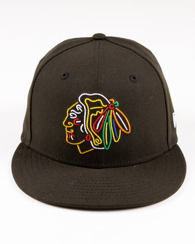 black New Era fitted cap with Chicago Blackhaks primary logo embroidered in front and secondary logo embroidered on back in neon lights colorway - front lay flat