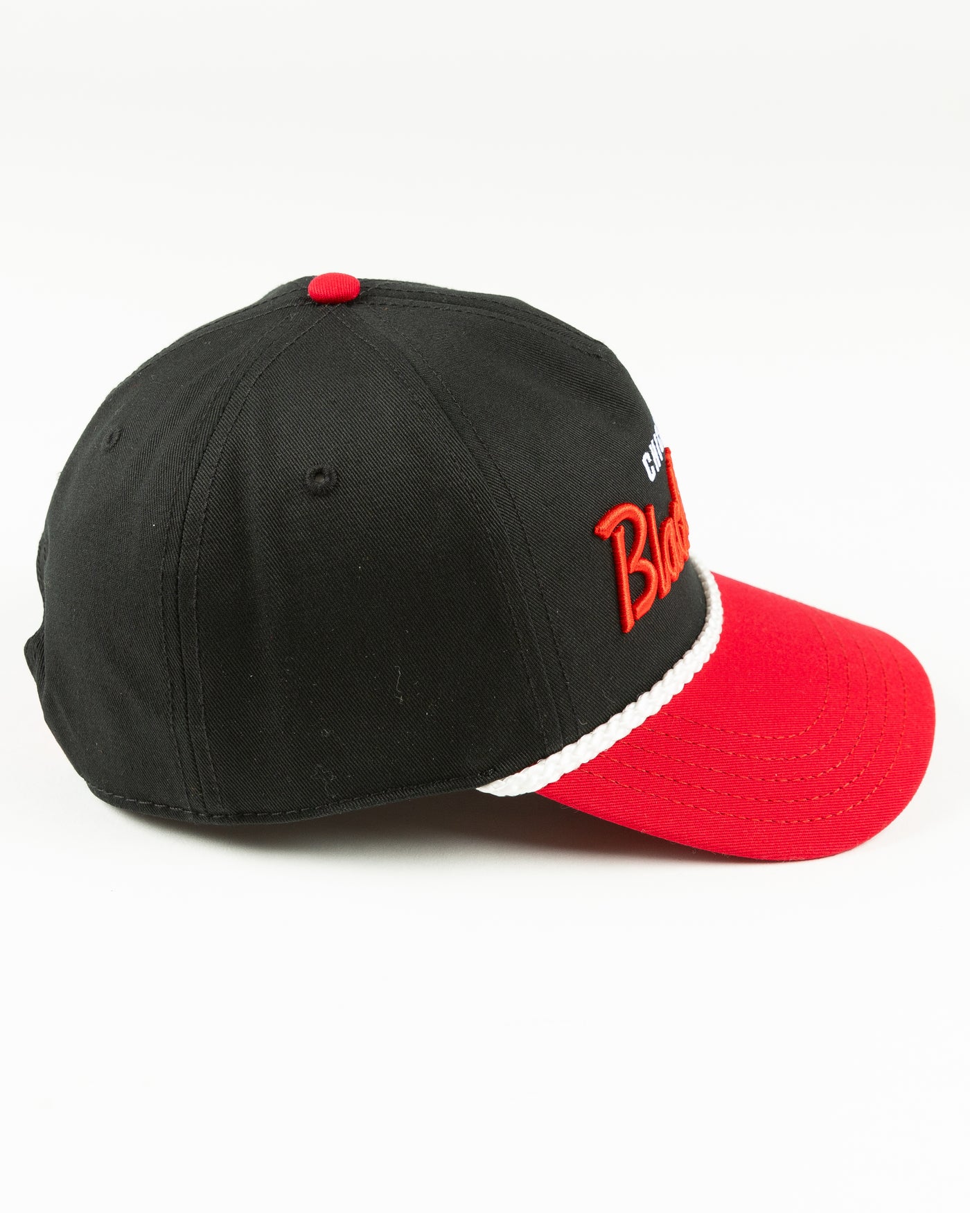 black and red rope snapback with Chicago Blackhawks wordmark across front and primary logo on left side - right side lay flat