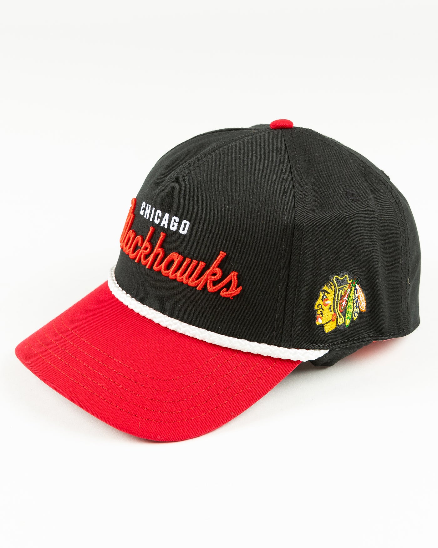 black and red rope snapback with Chicago Blackhawks wordmark across front and primary logo on left side - left angle lay flat