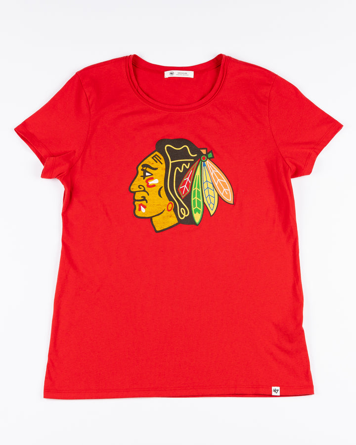 red '47 brand short sleeve women's tee with Chicago Blackhawks primary logo on front - front lay flat