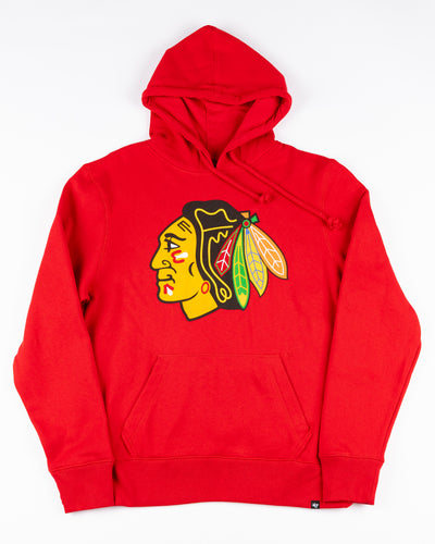 red '47 brand hoodie with Chicago Blackhawks primary logo on front - front lay flat