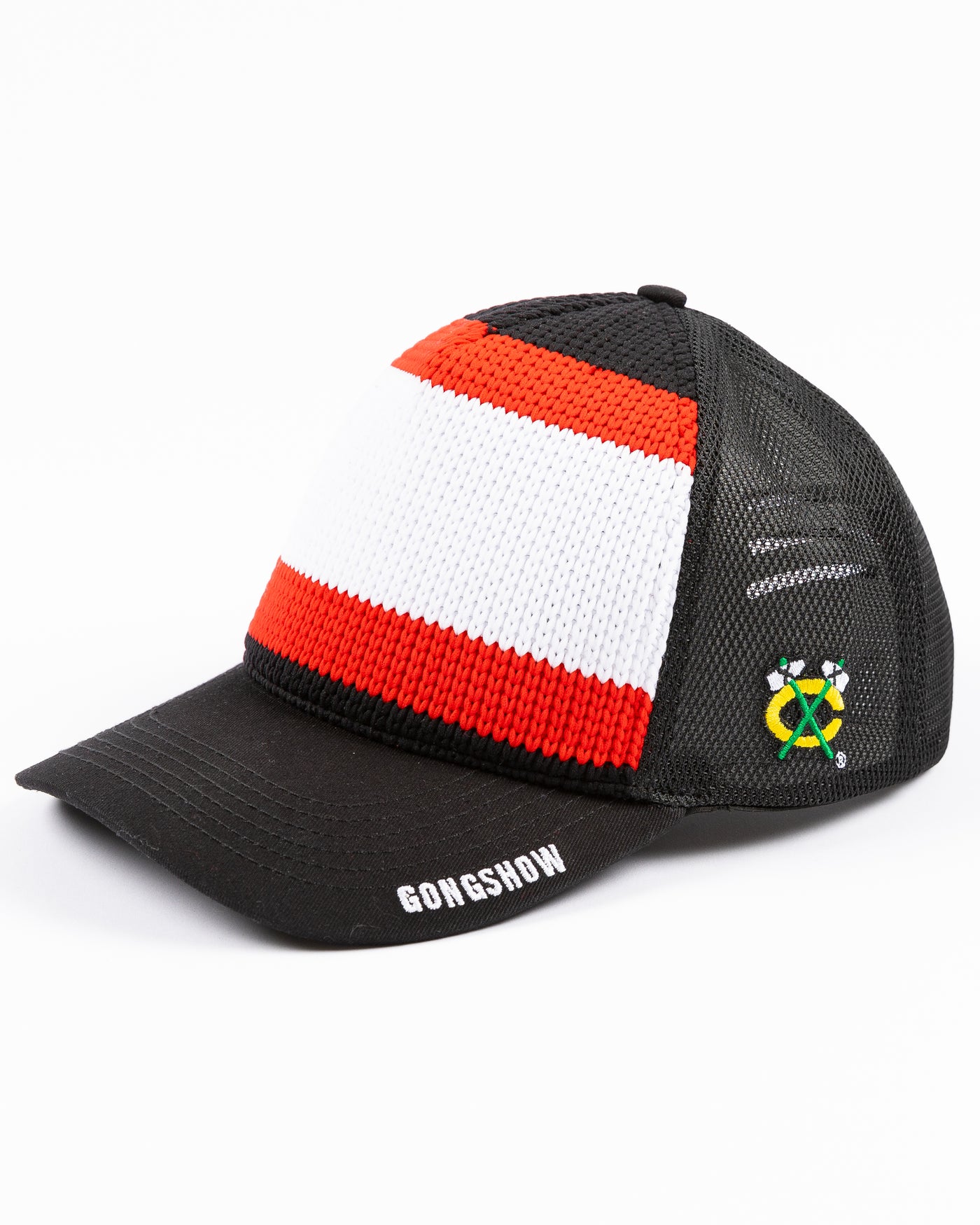 black Gongshow trucker hat with red and white stripe pattern and Chicago Blackhawks secondary logo embroidered on left side - left angle lay flat