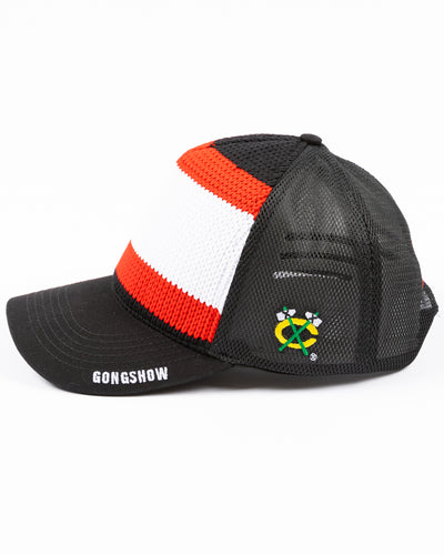 black Gongshow trucker hat with red and white stripe pattern and Chicago Blackhawks secondary logo embroidered on left side - left side lay flat