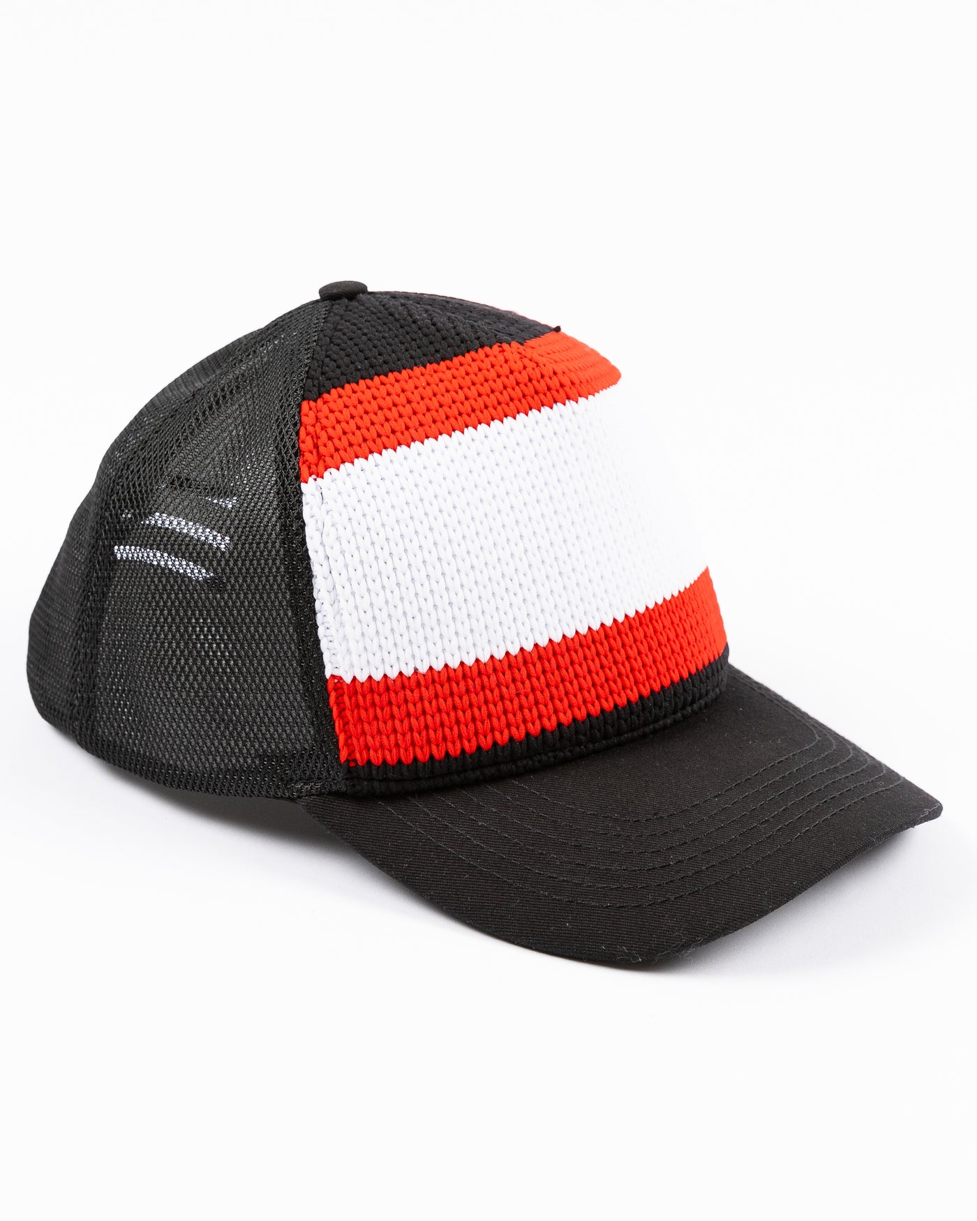 black Gongshow trucker hat with red and white stripe pattern and Chicago Blackhawks secondary logo embroidered on left side - right angle lay flat