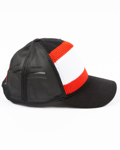 black Gongshow trucker hat with red and white stripe pattern and Chicago Blackhawks secondary logo embroidered on left side - right side lay flat