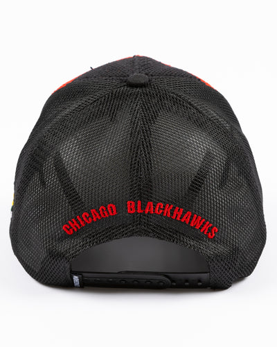 black Gongshow trucker hat with red and white stripe pattern and Chicago Blackhawks secondary logo embroidered on left side - back  lay flat