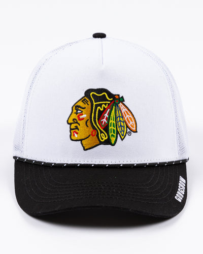 two tone black and white Gongshow trucker hat with rope detail and Chicago Blackhawks primary logo embroidered on the front - front lay flat
