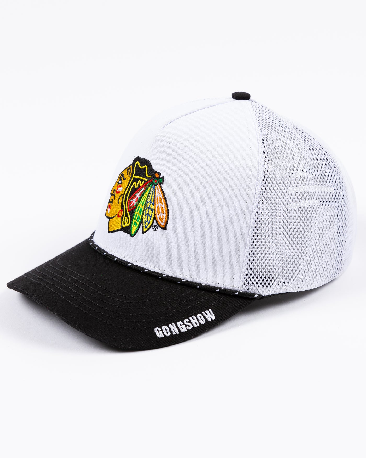 two tone black and white Gongshow trucker hat with rope detail and Chicago Blackhawks primary logo embroidered on the front - left angle lay flat