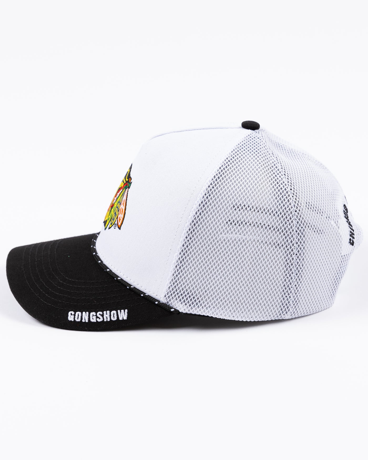 two tone black and white Gongshow trucker hat with rope detail and Chicago Blackhawks primary logo embroidered on the front - left side lay flat