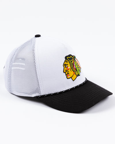 two tone black and white Gongshow trucker hat with rope detail and Chicago Blackhawks primary logo embroidered on the front - right angle lay flat