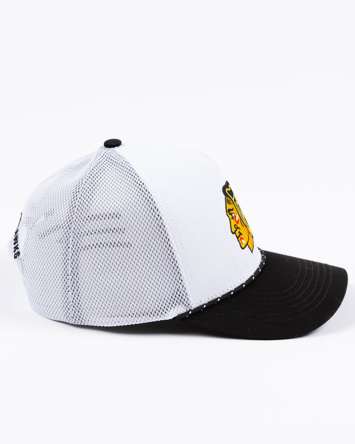 two tone black and white Gongshow trucker hat with rope detail and Chicago Blackhawks primary logo embroidered on the front - right side  lay flat