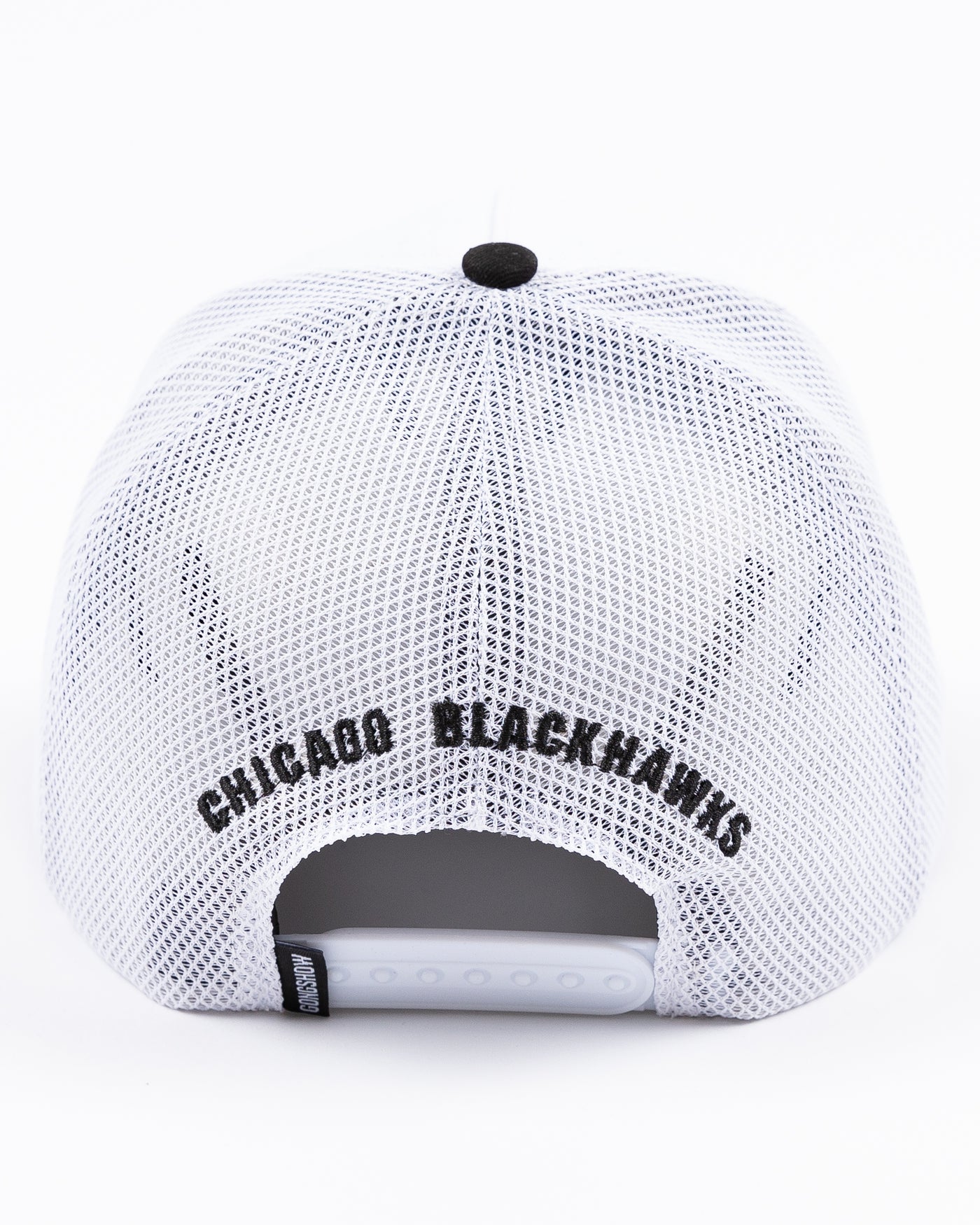 two tone black and white Gongshow trucker hat with rope detail and Chicago Blackhawks primary logo embroidered on the front - back lay flat