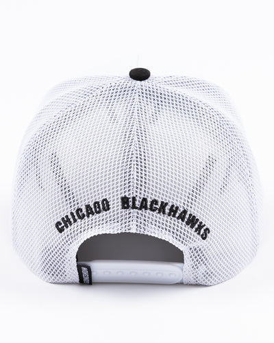 two tone black and white Gongshow trucker hat with rope detail and Chicago Blackhawks primary logo embroidered on the front - back lay flat