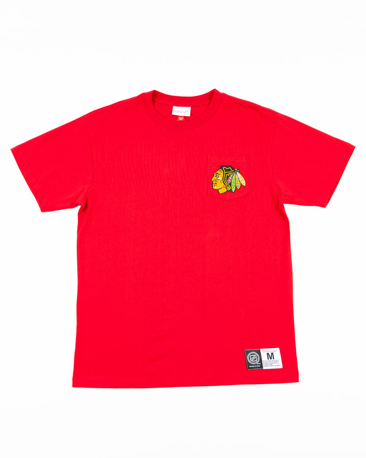 red Mitchell & Ness short sleeve tee with Chicago Blackhawks primary logo on left chest pocket - front lay flat