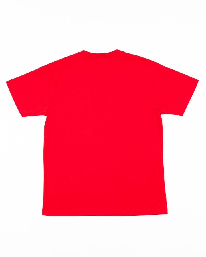 red Mitchell & Ness short sleeve tee with Chicago Blackhawks primary logo on left chest pocket - back lay flat