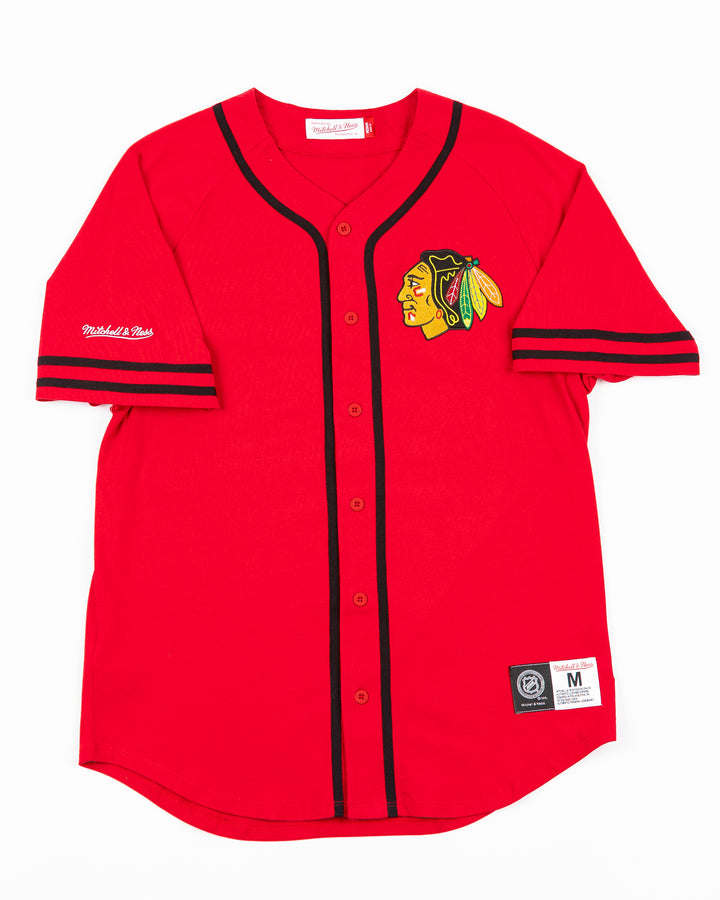 red Mitchell & Ness baseball-inspired button shirt with Chicago Blackhawks primary logo embroidered on left chest - front lay flat
