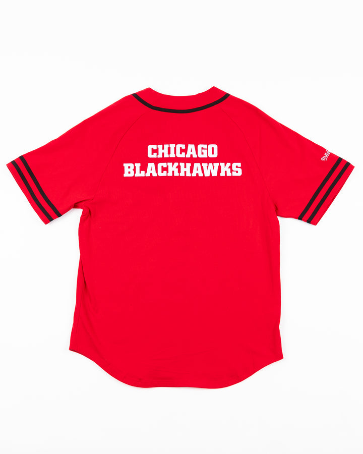 red Mitchell & Ness baseball-inspired button shirt with Chicago Blackhawks primary logo embroidered on left chest - back lay flat