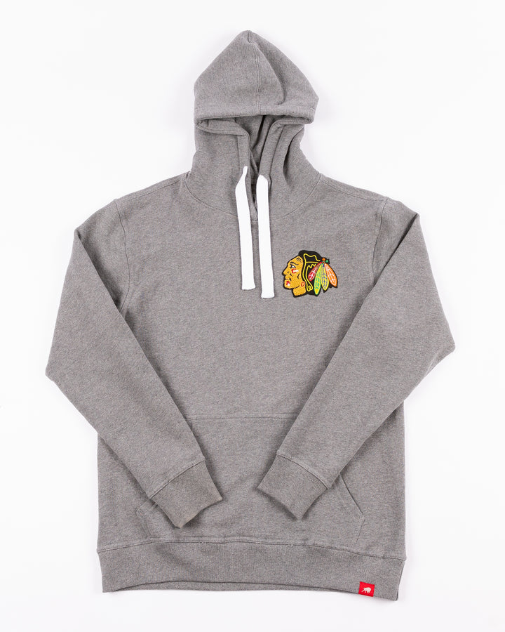 grey Sportiqe hoodie with chenille embroidered Chicago Blackhawks logo on left chest - front lay flat
