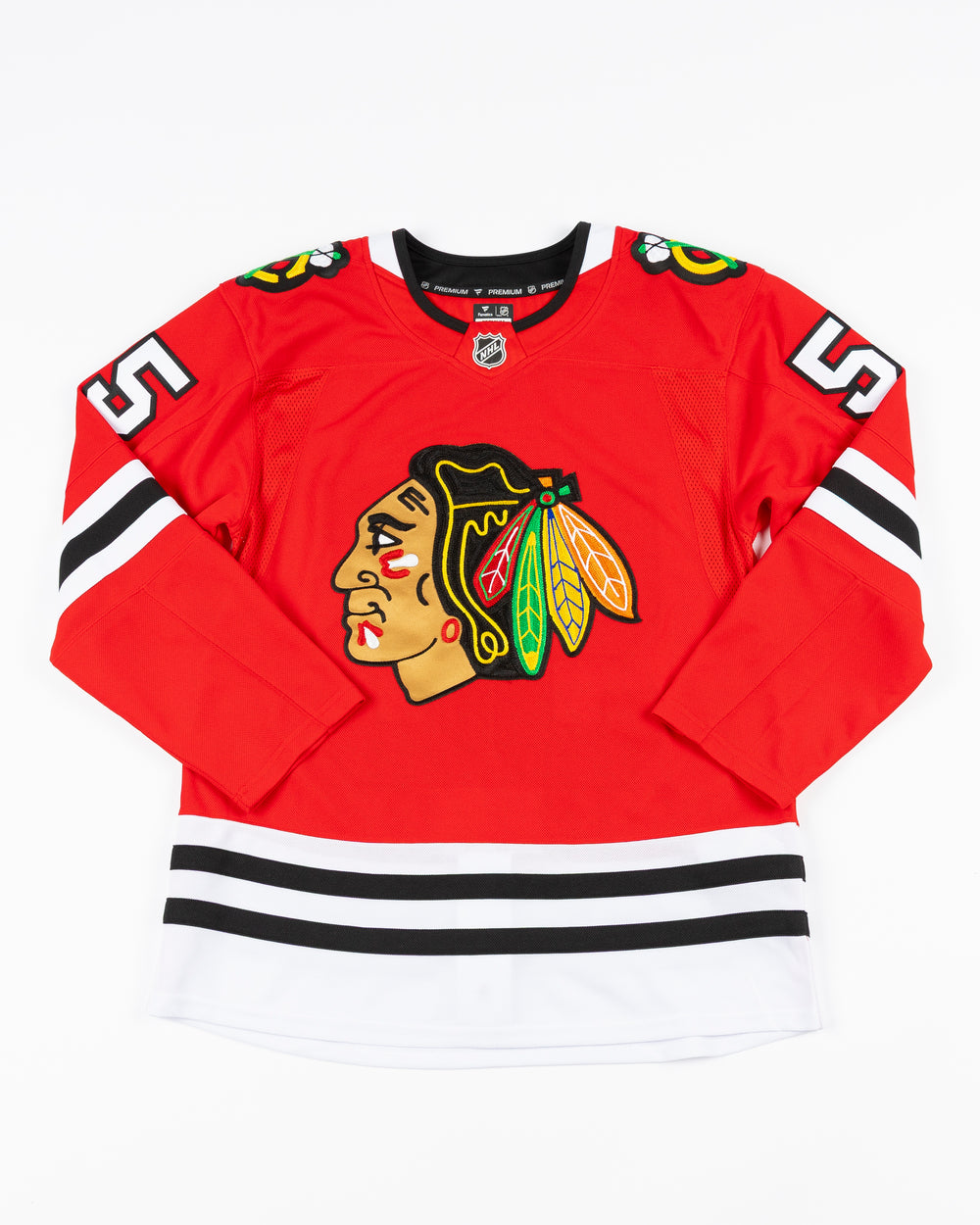 red Fanatics Premium Chicago Blackhawks Home Jersey with Artyom Levshunov name and number 55 - front lay flat