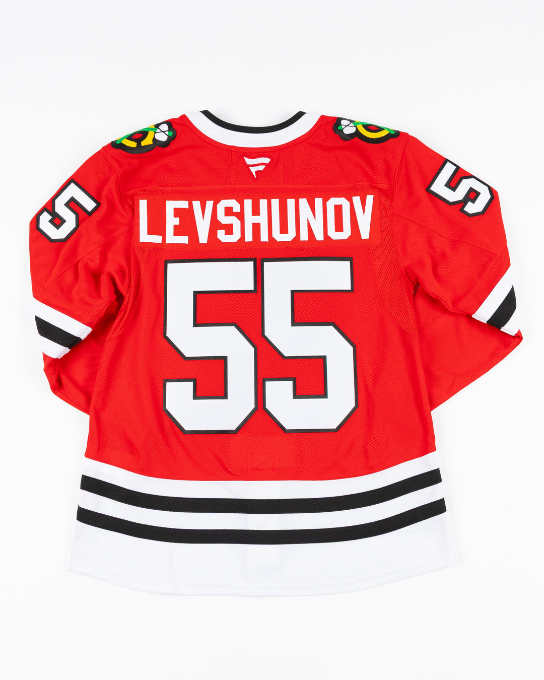 red Fanatics Premium Chicago Blackhawks Home Jersey with Artyom Levshunov name and number 55 - back lay flat