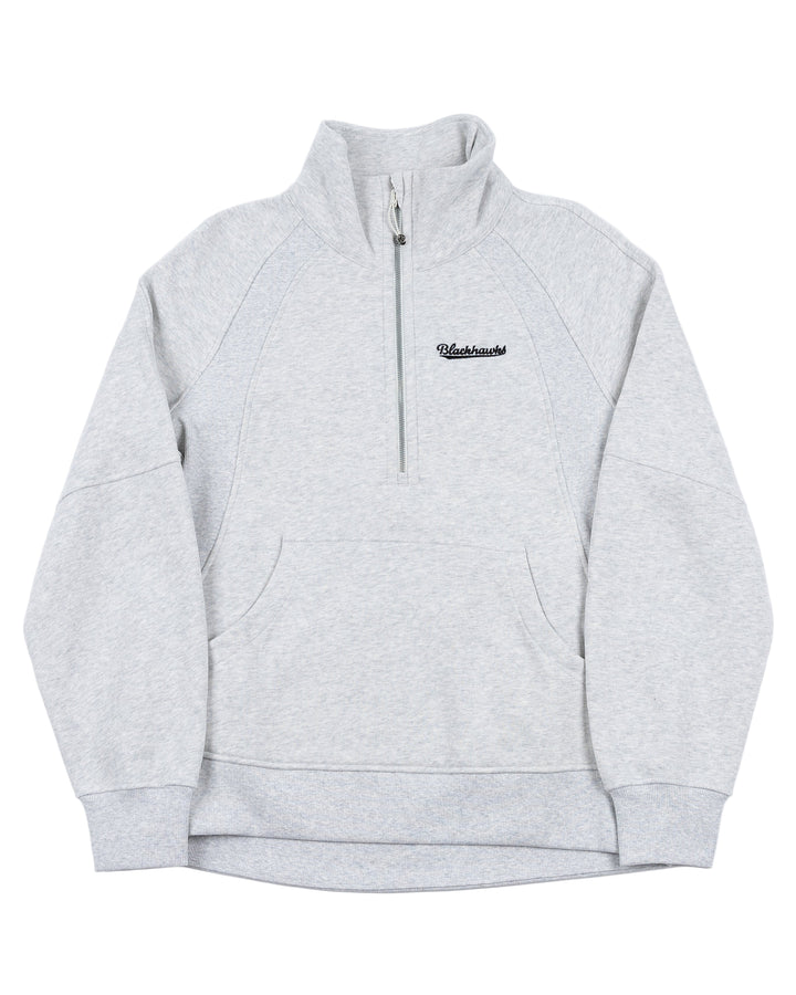 heather light grey lululemon half zip sweater with Chicago Blackhawks script wordmark embroidered on left chest - front lay flat