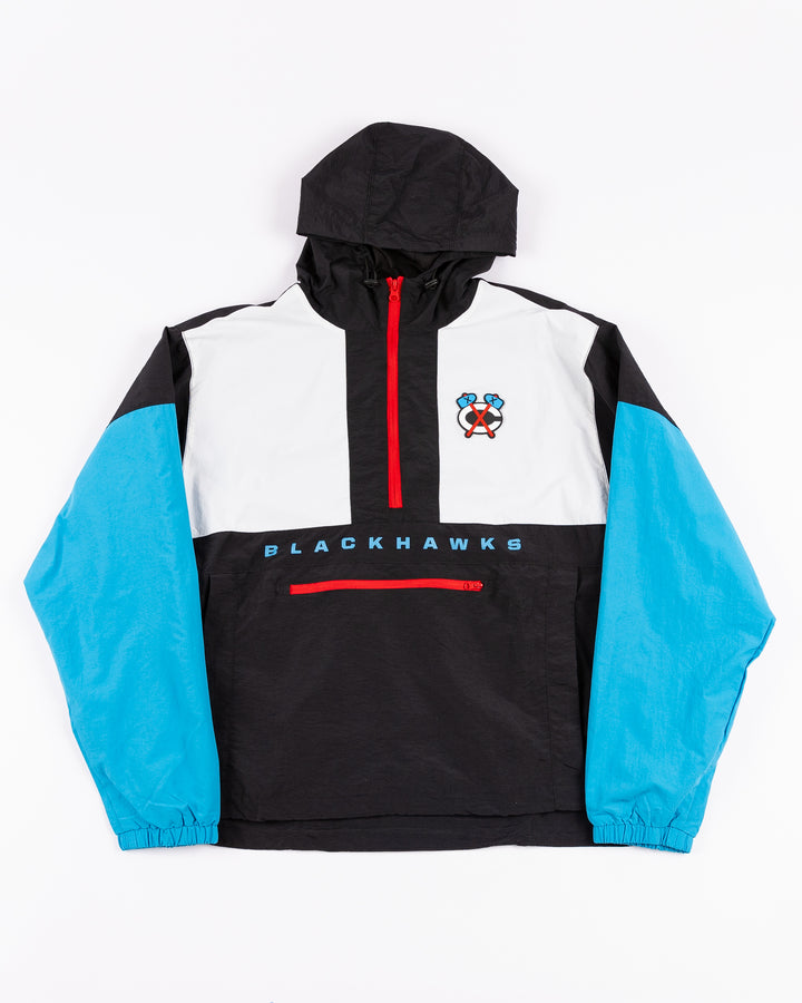 black, white and blue Chicago Blackhawks Four Stars anorak with secondary logo on left chest - front lay flat