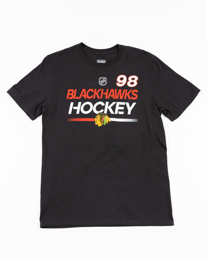 black Fanatics short sleeve Authentic Pro tee with Blackhawks Hockey wordmark and primary logo on front and Bedard name and number on back - front lay flat