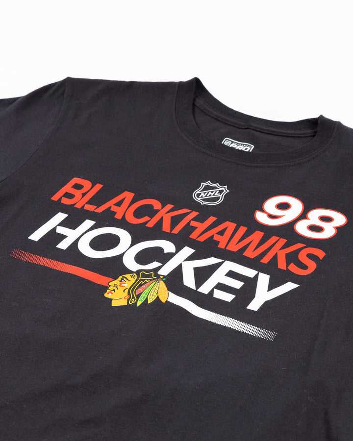 black Fanatics short sleeve Authentic Pro tee with Blackhawks Hockey wordmark and primary logo on front and Bedard name and number on back - front detail lay flat
