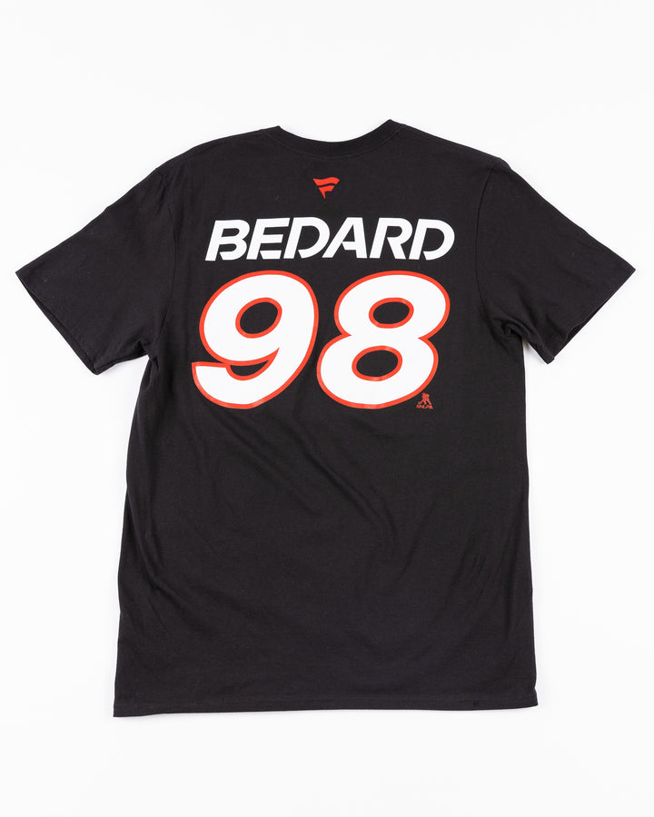 black Fanatics short sleeve Authentic Pro tee with Blackhawks Hockey wordmark and primary logo on front and Bedard name and number on back - back lay flat