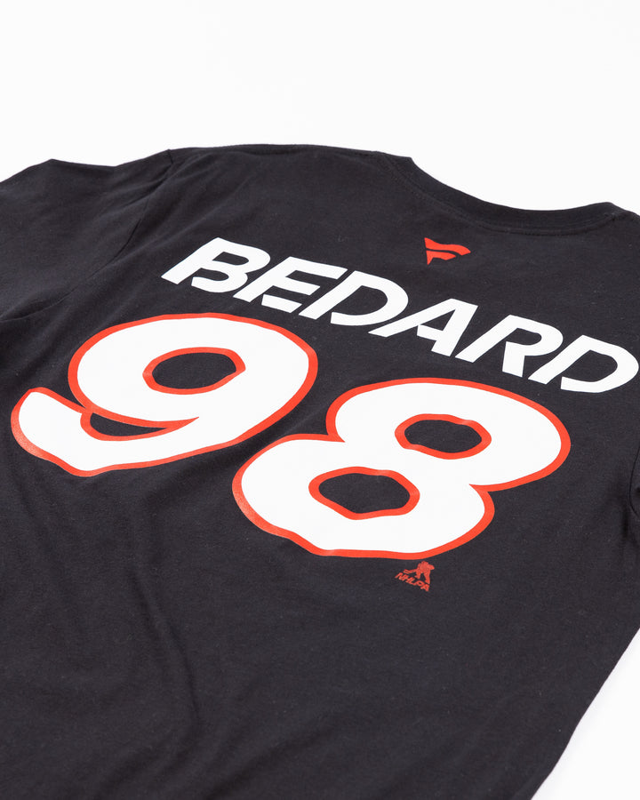 black Fanatics short sleeve Authentic Pro tee with Blackhawks Hockey wordmark and primary logo on front and Bedard name and number on back - back detail lay flat