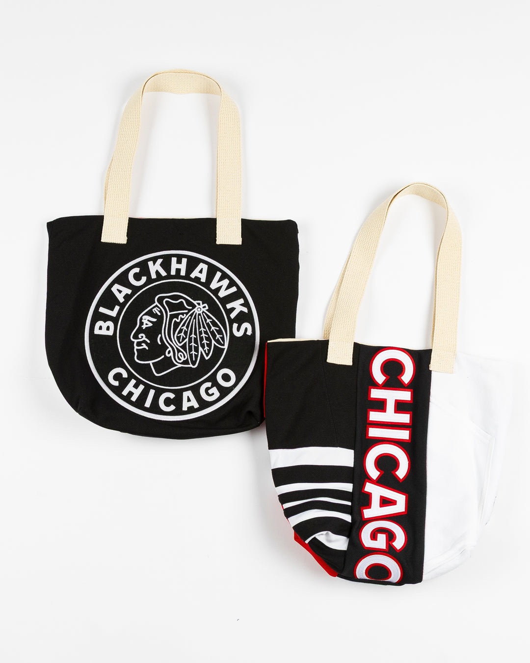 Refried upcyscled tote bags from Chicago Blackhawks jerseys - front lay flat