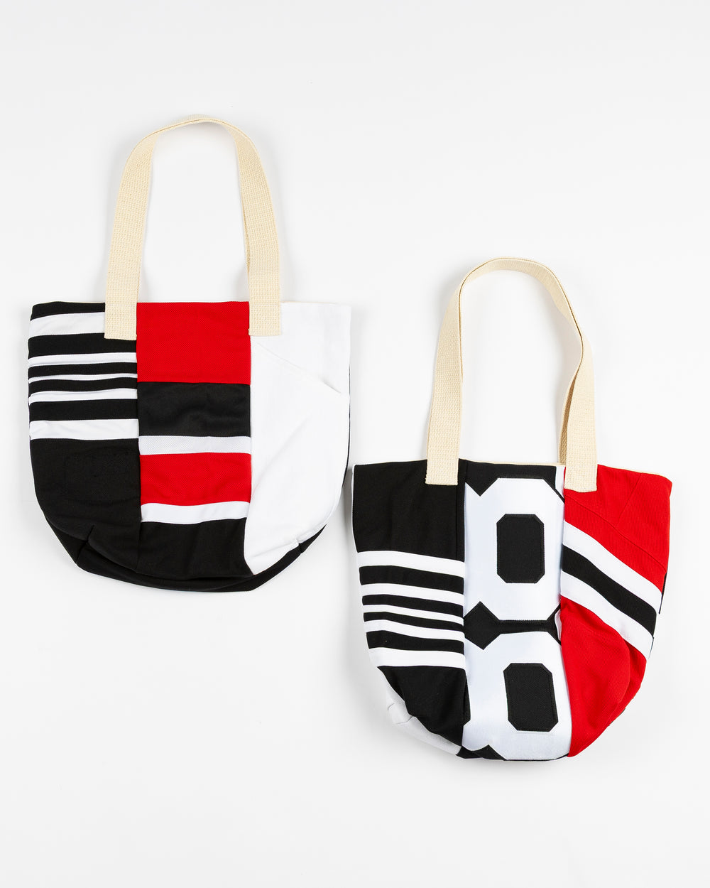 Refried upcyscled tote bags from Chicago Blackhawks jerseys - back lay flat