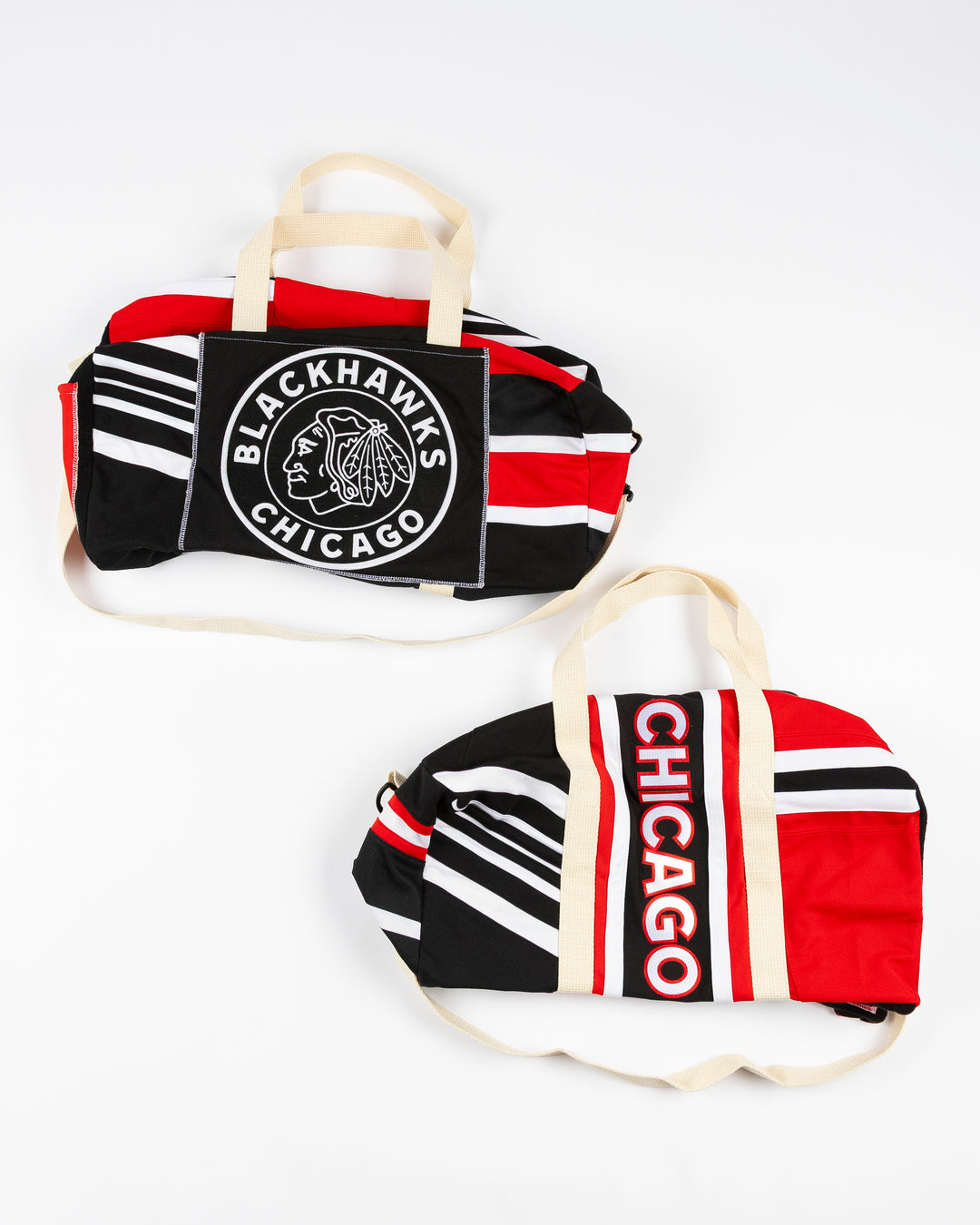 Refried upcycled duffle bags made from Chicago Blackhawks jerseys - front lay flat