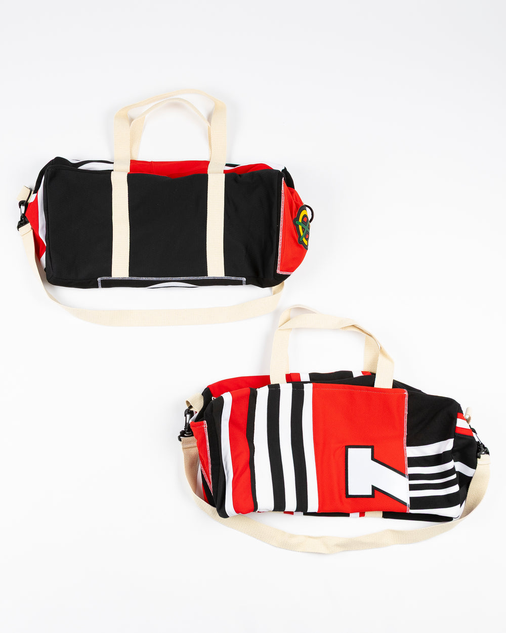 Refried upcycled duffle bags made from Chicago Blackhawks jerseys - back lay flat