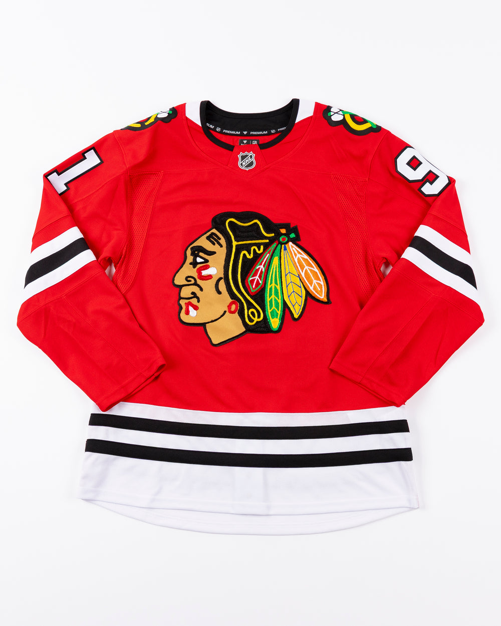 premium Fanatcs home Chicago Blackhawks jersey with Frank Nazar name and number - front lay flat