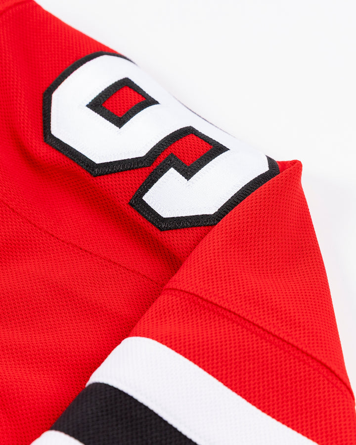 premium Fanatcs home Chicago Blackhawks jersey with Frank Nazar name and number - shoulder detail lay flat