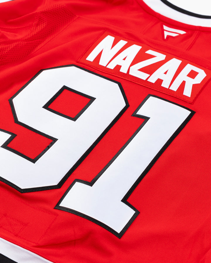 premium Fanatcs home Chicago Blackhawks jersey with Frank Nazar name and number - back detail lay flat