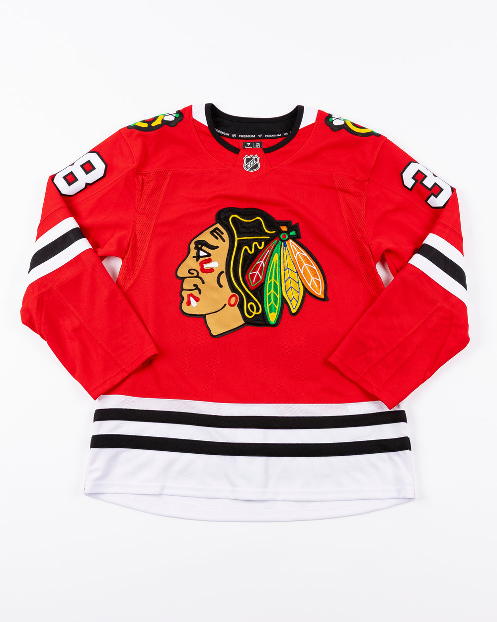 premium Fanatcs home Chicago Blackhawks jersey with Ethan Del Mastro name and number - front lay flat