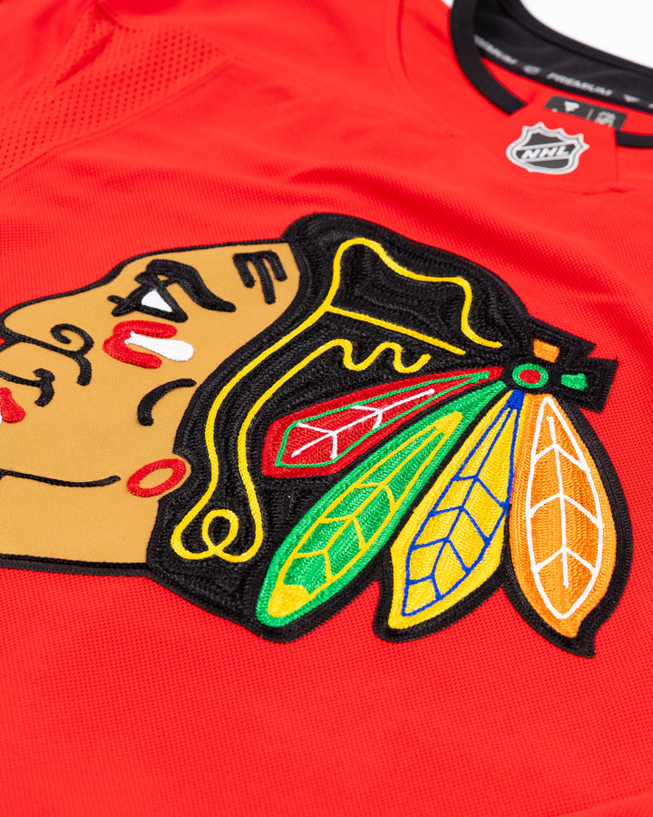 premium Fanatcs home Chicago Blackhawks jersey with Ethan Del Mastro name and number - front detail lay flat